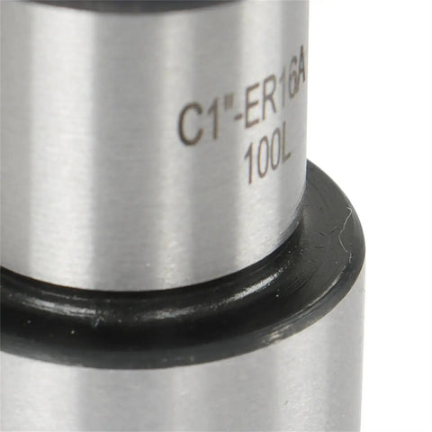 Close-up of the Go To Straight Shank Tool Holder Collet Chuck ER16 100L, engraved details on DN65 carbon steel for CNC machining centers.