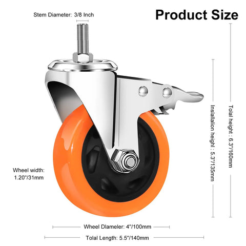 Close-up view of Heavy Duty Stem Casters Swivel Wheels With Threaded Stem Three Eighths Inch By Sixteen Threads By One Inch Thread Dual Locking Brakes