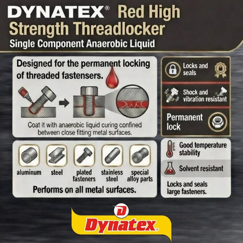 Red High Strength Thread Locker For Nut And Bolt Assemblies, Industrial Grade, adhesive properties and uses displayed on label.