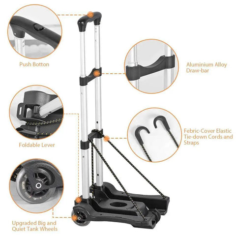 Folding Luggage Cart With 88 Lb Load Capacity Lightweight Durable Aluminum Alloy Frame Travel Trolley details with wheels and straps