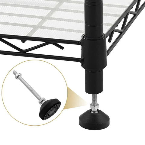 4 Pcs M8 Metal Adjustable Leveling Feet Heavy Duty Swivel Furniture Glides Leveler, black, installed on metal shelf leg