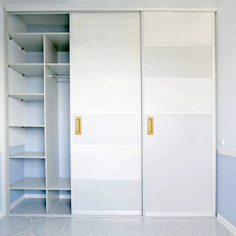 6 Inch Recessed Finger Flush Door Pulls For Pocket And Sliding Barn Doors In Brushed Gold Stainless Steel installed on white sliding closet doors