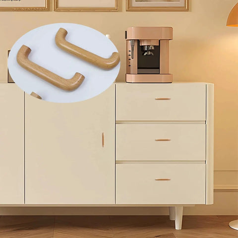 Close-up of 8 Pack Arch Wooden Cabinet Pulls Beech Wood Drawer Handles with Screws on a light-colored cabinet.