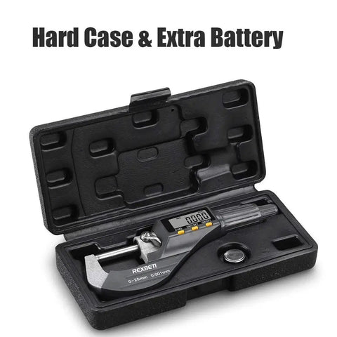 Digital Micrometer For Inch And Metric Measurements with case and extra battery, showing LCD and ratchet stop.