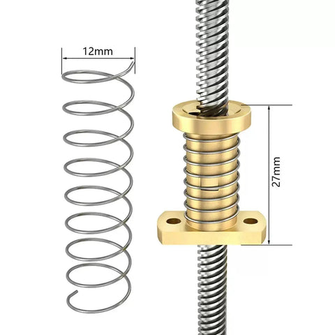 2pcs T8 anti-backlash spring-loaded Z-axis nuts for 8mm Acme threaded rod; brass-colored with steel springs.