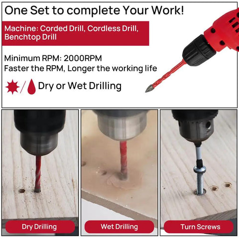 Diamond Drill Bits Set 10pc for Wood Plastic Masonry Tile Glass Ceramic from FOCSTOL in use for dry and wet drilling.