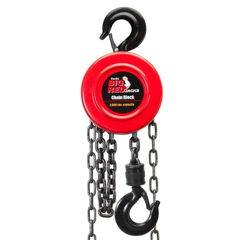 1 Ton Hand Chain Hoist With 8ft Lift, Two Heavy Duty Hooks, Mechanical Load Brake, 1/4 Inch Alloy Steel Chain in red casing