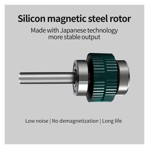 Silicon magnetic steel rotor with shaft for dynamic brake motor, side view