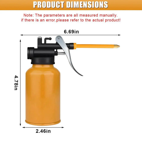 Metal Oil Can With Straight And Flexible Spout 250ml Pistol Pump Oiler For Cars Bikes And Machines Multipurpose Lubrication Tool With Durable Anti Corrosion Coated Reservoir Universal Fit Gaolaosy, shown from the side with dimension markings.