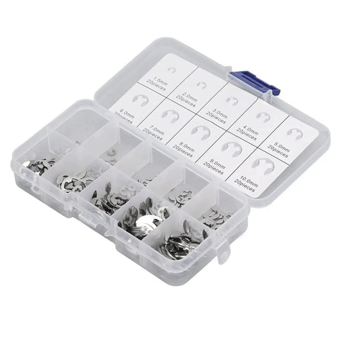 All In One E Clip Assortment Kit With Nine Metric Sizes Stainless Steel External Circlips For Bearings Gears Pulleys And Axles