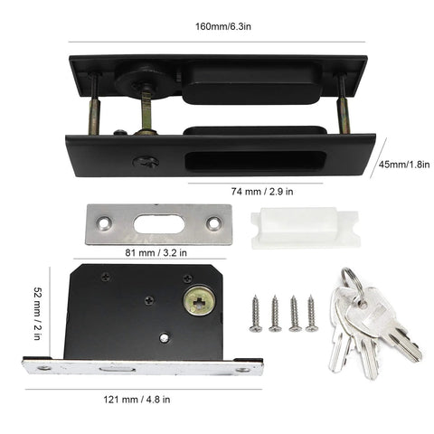 Sliding Barn Door Locks With Invisible Door Handle And Keys For Wood Pocket Doors Black Hardware, zinc alloy, dimensions shown