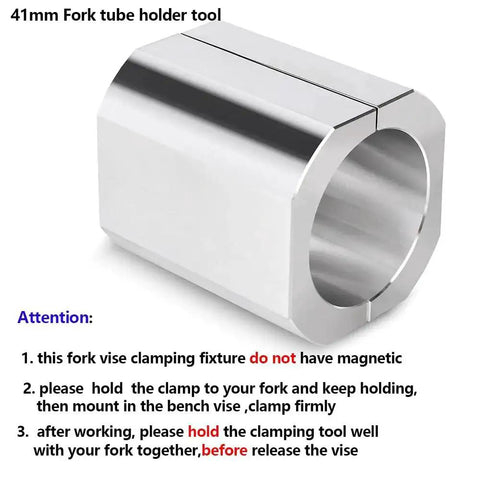 41mm Fork Tube Holder Tool Vise Clamp in Aluminum CNC Machined, shown with text instructions for secure clamping in a vise