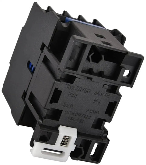 Three Pole 24V AC Contactor With 32A Rating For Industrial Motors And Rail Mount, close-up of black three-phase electric controller