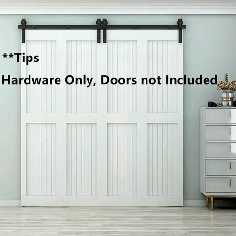 Heavy Duty Bi Folding Barn Door Hardware Kit For Double Doors installed on white barn doors, matte black track system.
