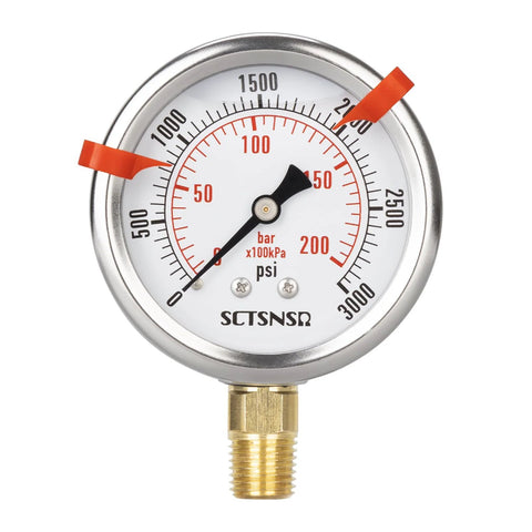 SCTSNSR pressure gauge, 0-3000 psi, glycerin-filled, 2.5 inch dial, stainless steel case, 1/4 in NPT mount
