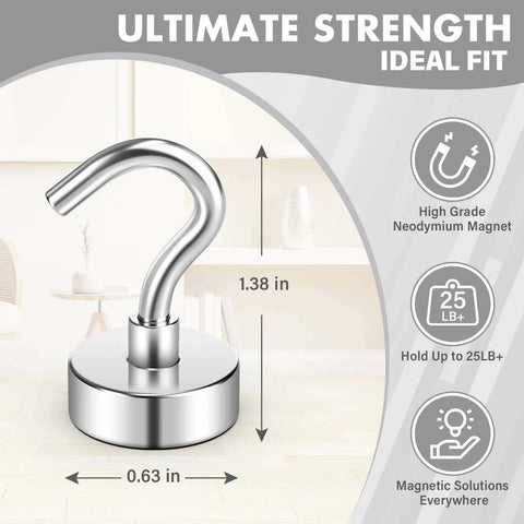 Silver high-strength neodymium magnet hook with dimensions, holding capacity, and feature icons shown on the side.