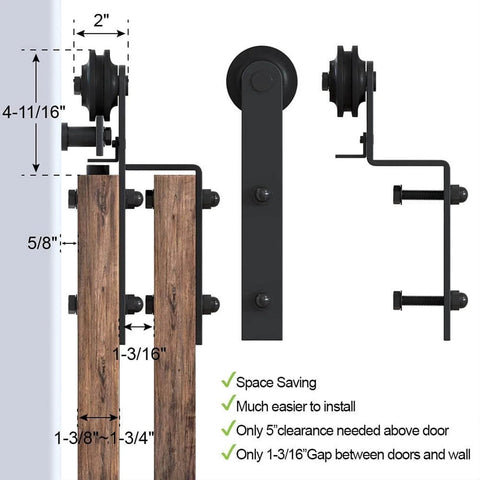 Heavy Duty Bypass Barn Door Hardware Kit With One Track And Mute Rollers diagram, dimensions of double doors sliding system shown.