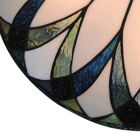 Close-up of Tiffany-style patterned glass on Vintage Stained Glass Ceiling Light 18-Inch Flush Mount Fixture With Bowl Shade.