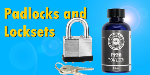 Padlocks and locksets with 1.5 oz PTFE powder for metal and plastic, ideal for reducing friction and wear on parts.
