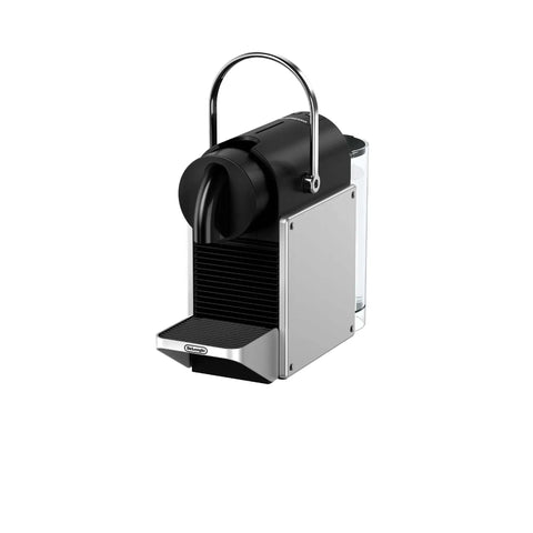 Front view of Pixie Aluminum Espresso Machine For Capsule Coffee Lovers, Compact DeLonghi Brewer, black and silver aluminum body.