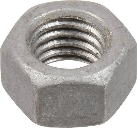 Close-up of a steel nut from 5/8 By 12 Inch L Shaped Anchor Bolt For Standard Buildings Attaches Structures To Concrete Includes Nut And Washer 10 Pack