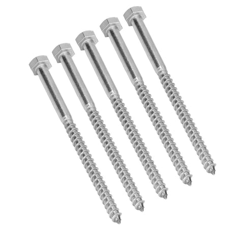 Stainless Steel Half Thread Wood Hex Lag Screws Self Tapping Fasteners For Carpentry Built Tough With High Hardness And Durability DIN 571 Standard M8 130Mm Ideal For Wood Houses Roofs Decking And Framing Projects, stainless steel screws on white background.