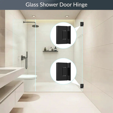 Heavy Duty 90 Degree Glass Shower Door Hinges In Solid Brass Black Finish Replacement Hardware For Five Sixteenth Inch To One Half Inch Tempered Glass Two Pack Ideal For Frameless Shower Enclosures installed in bathroom