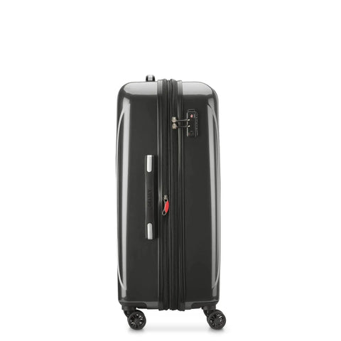 Side view of Lightweight Expandable Hardside Luggage With Four Double Spinner Wheels And A Crack Resistant Polycarbonate Shell In Brushed Charcoal