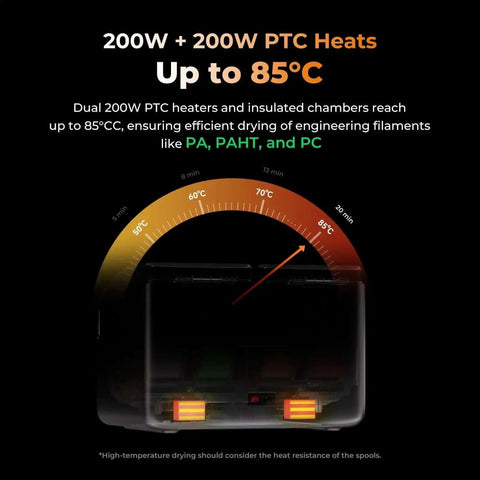 Space Pi X4 Dope Filament Dryer Box With 360 Degree Hot Air Circulation heating efficiency chart