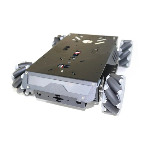 Unfinished Mecanum Wheel Intelligence Robot Kit with metal motors and 25 kg payload, showcasing aluminum chassis and side view.