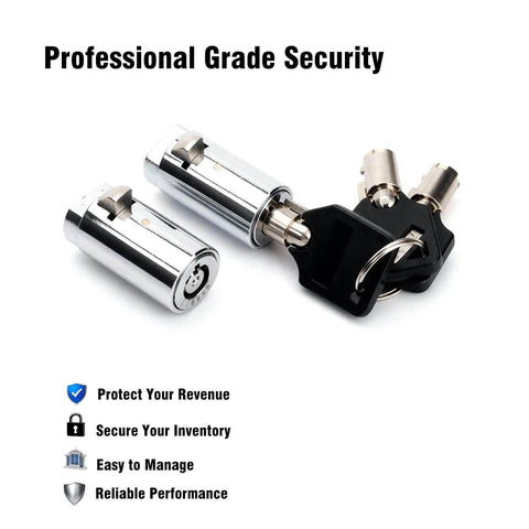 Two Pack Vending Machine Locks Keyed Alike With Six Identical Keys For Soda Snack Candy Machines And ATM Cabinets, High Security Tubular Keyway Cylinder Locks, Zinc Alloy Construction, No-Fuss Access With A Single Key That Opens Both Locks. Front view of tubular locks with keys on white background.