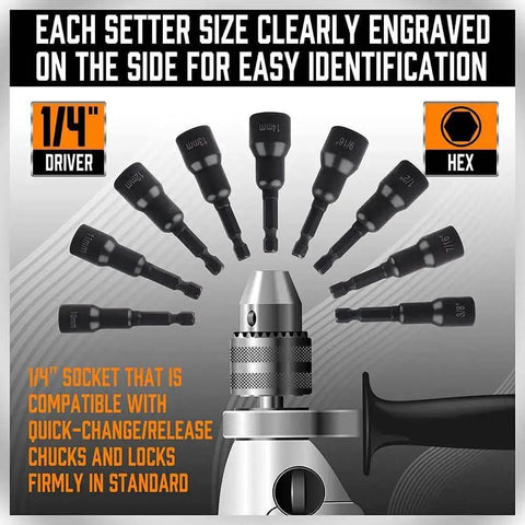 12 Piece Magnetic Nut Driver Set For Impact Tools With Premium Chrome Vanadium Steel And Black Phosphate Finish SAE And Metric Sizes Quarter Inch Quick Change Strong Magnetic Hold For Fast And Secure Fastening displayed with drill and driver bits.