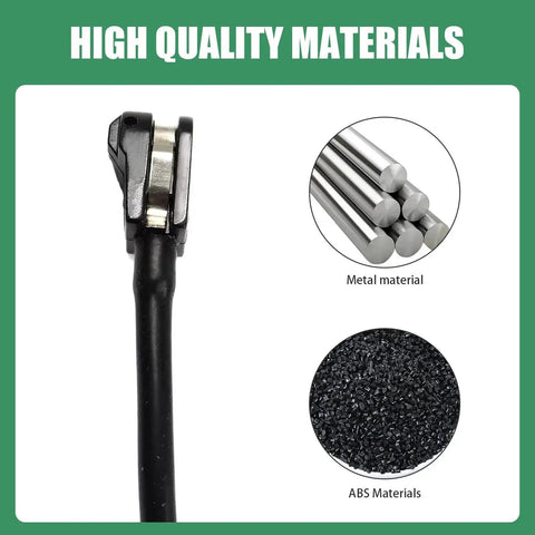 Car brake pad wear sensor, black with metal mounting bracket; side view, shows ABS and metal material icons.