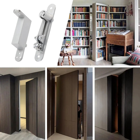 Multiple images showing Heavy Duty Self Closing Door Pivot Hinges For Wood Doors With Hidden Pivot System, installed on various doors.