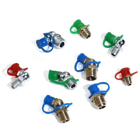 Assorted zerk fittings with polyethylene plastic dust cover caps in red, blue, green for oil and grease gun maintenance DIYers.