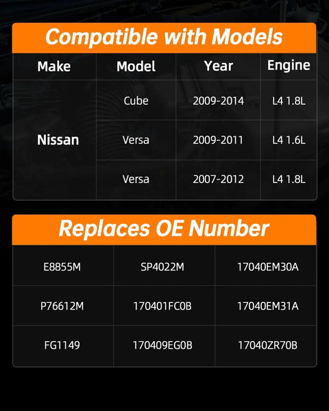 Compatibility and OE numbers chart for Electric Fuel Pump Module Assembly E8855M For Nissan Cube And Versa 2007 To 2014 1.6L 1.8L Engines