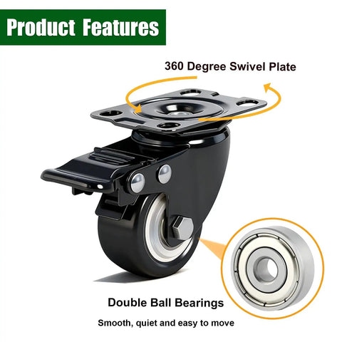 2 Inch Caster Wheels With Brake Heavy Duty Swivel Casters Set Of 4 Total Capacity 600 Lbs Industrial PU Wheels Locking
