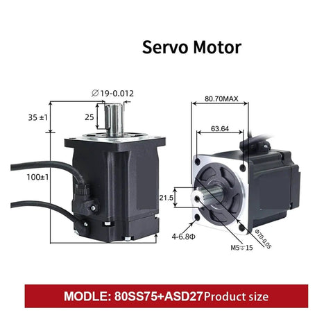 Technical diagram of Beefy 2.39 Nm Torque Servo Motor Kit 80SS75 5.0A with ASD275 drive, showing dimensions and design details.