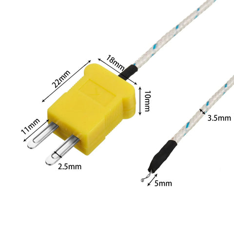 K-type thermocouple temperature probe with yellow two-pin mini-connector plug and braided white sensing wire, 3 m