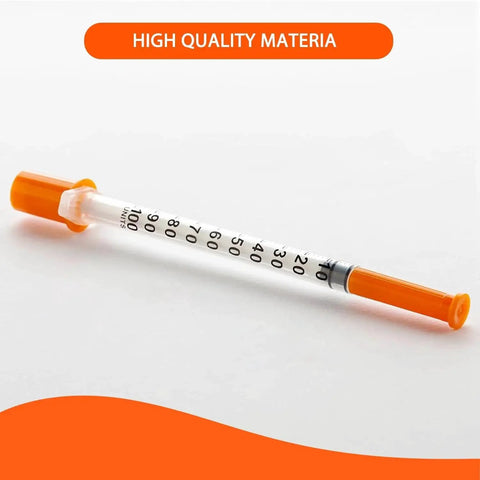 Side view of a One Milliliter Syringe With 30G 8mm Needle, Individually Wrapped Pack Of 30, lying on a white surface.