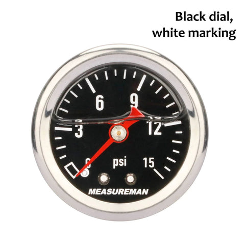 MEASUREMAN 1.5 in black-dial fuel pressure gauge, stainless steel case, 0-15 psi, center back-mount