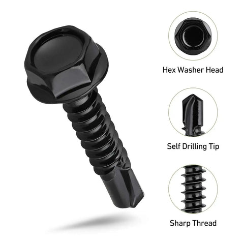 Black Zinc Stainless Self Tapping Screws Set, 121 Piece, 410 Stainless, Self Drilling For Metal, Hex Washer Head, Black Finish close-up