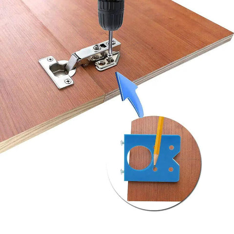 35mm Concealed Hinge Drill Guide Locator For Door Installations shown on wood panel for accurate hole positioning without marking