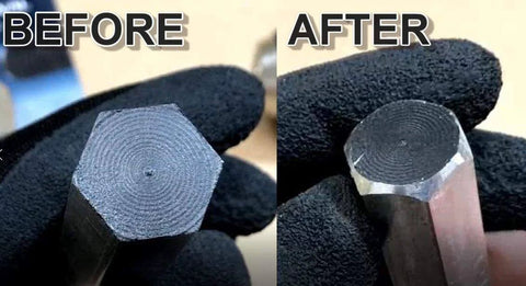 Before and after using External Deburring Chamfer Tool With Tungsten Blade For Quick Burr Removal On Pipes And Bolts Fits From One Half Inch To One And Three Eighths Inches Works Like A Champ For Repairing Damaged Fasteners And Hard Steel With Optional Lubrication For Smoother