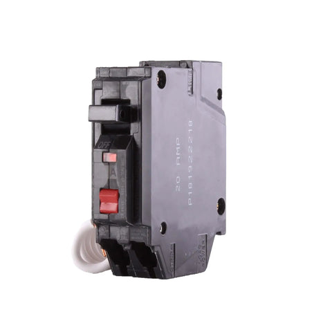 Side view of Pack of 1 THQL1120GFTP 20A GFCI Single-Pole Plug-In Circuit Breaker for Load Centers, 120/240V, featuring pigtail cable
