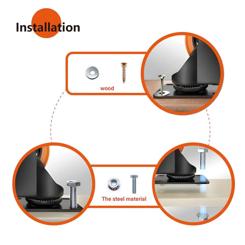 Installation overview of 3 Inch Heavy Duty Caster Wheels Set Of 4 In Orange Polyurethane For Industrial Use on wood and steel surfaces.