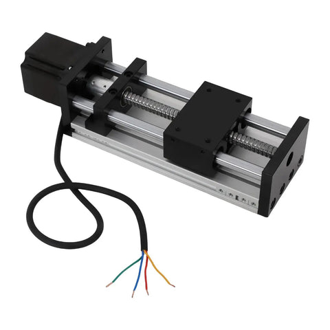 100 200 300mm GGP Ball Screw Linear Actuator With Nema 23 Stepper Motor shown with wiring and guide slide for precision motion use.