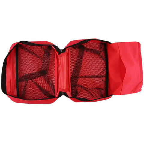 Open view of a Red Empty First Aid Kit Bag For Travel And Home Lightweight Nylon Medical Organizer with mesh compartments.