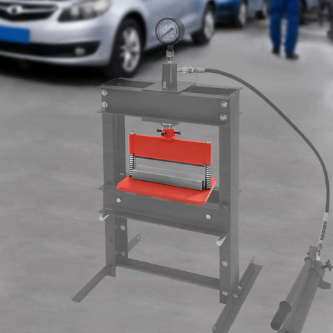 Hydraulic Press Brake Attachment 12 Inch Metal Bending Tool For 12 To 20 Ton Heavy Duty Shop, Red, displayed in workshop
