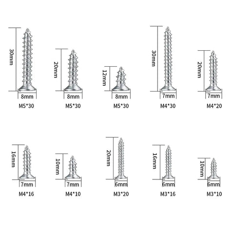 Assorted sizes of self-tapping screws from 250G Self Tapping Screws Assortment Kit For Wood And Metal M3 M4 M5
